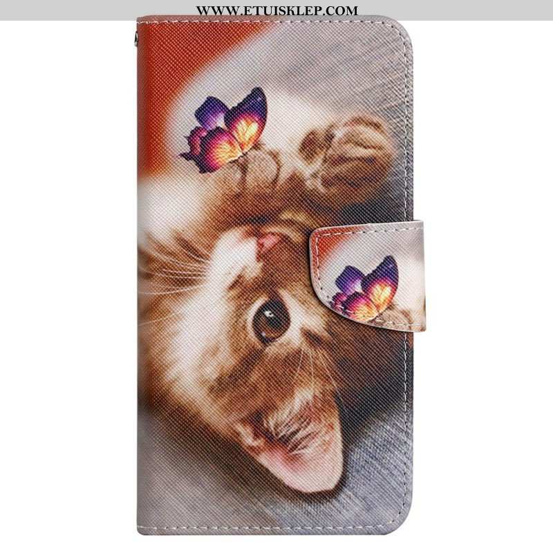 Skórzany Futerał do iPhone 15 z Łańcuch Tylko Koty Z Paskami